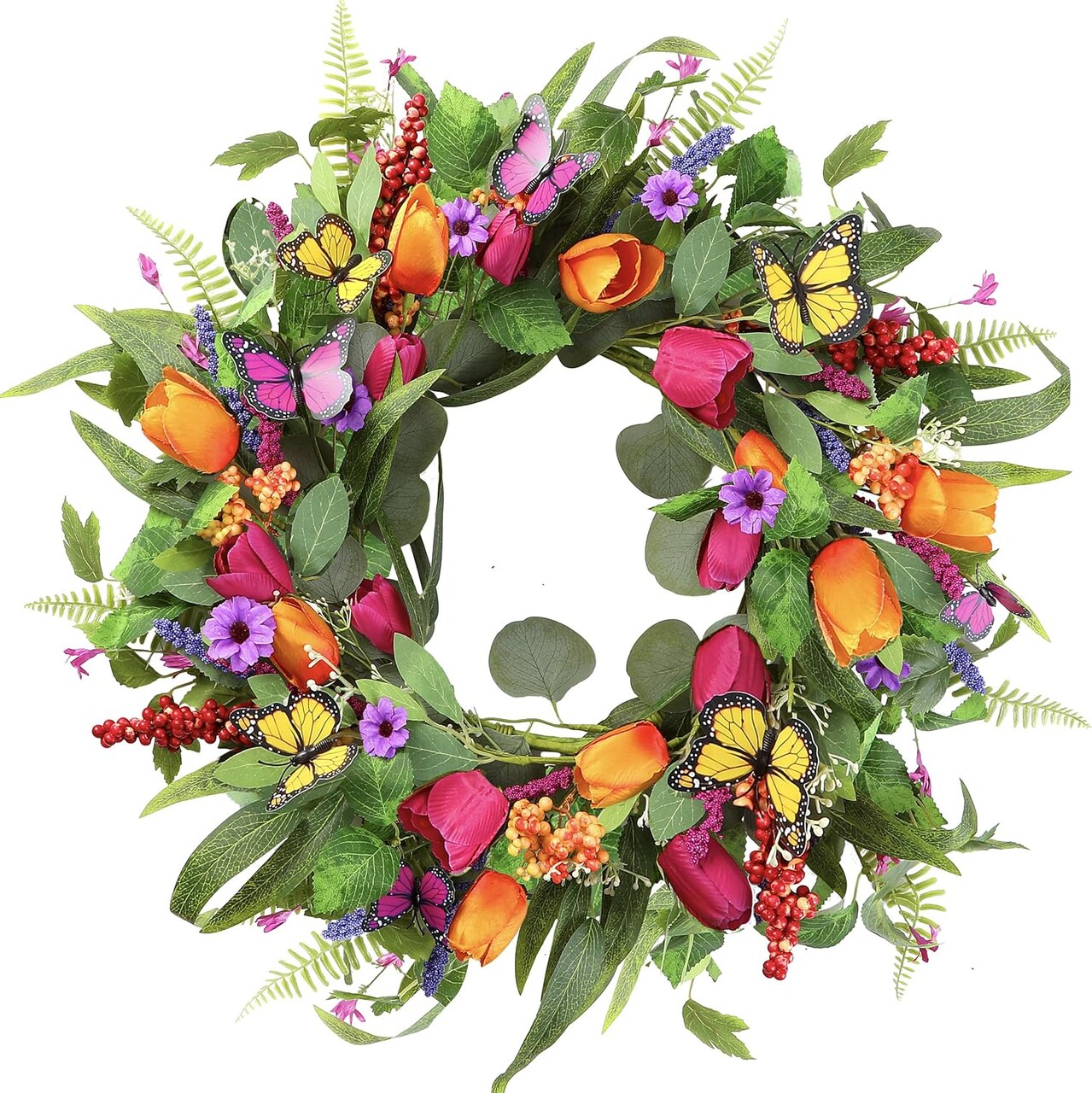 Spring Summer Wreath for Front Door 22 Inch Artificial Tulips Wreath with Eucalyptus Leaves Lavender Ferns Colorful Silk Flowers Butterflies for Home Farmhouse Indoor Outdoor Wall Decor
